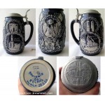 Ancien chope bock a biere en ceramique couvercle grave en Etain